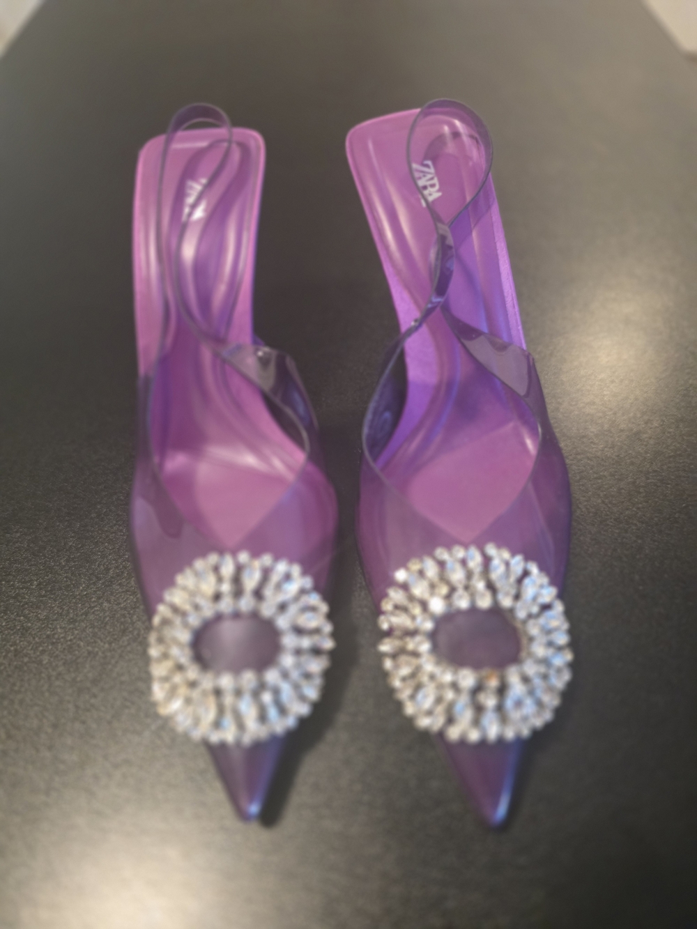 Zara Purple Pointed Slingback Heels with Crystal Buckle